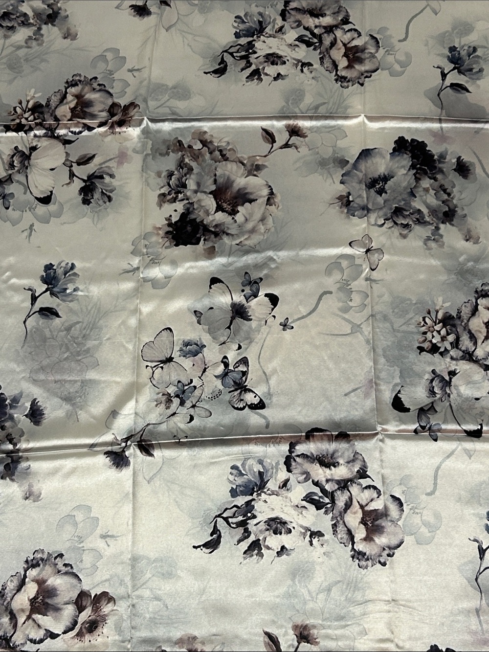 100% Silk Floral Scarf in Cream and Gray